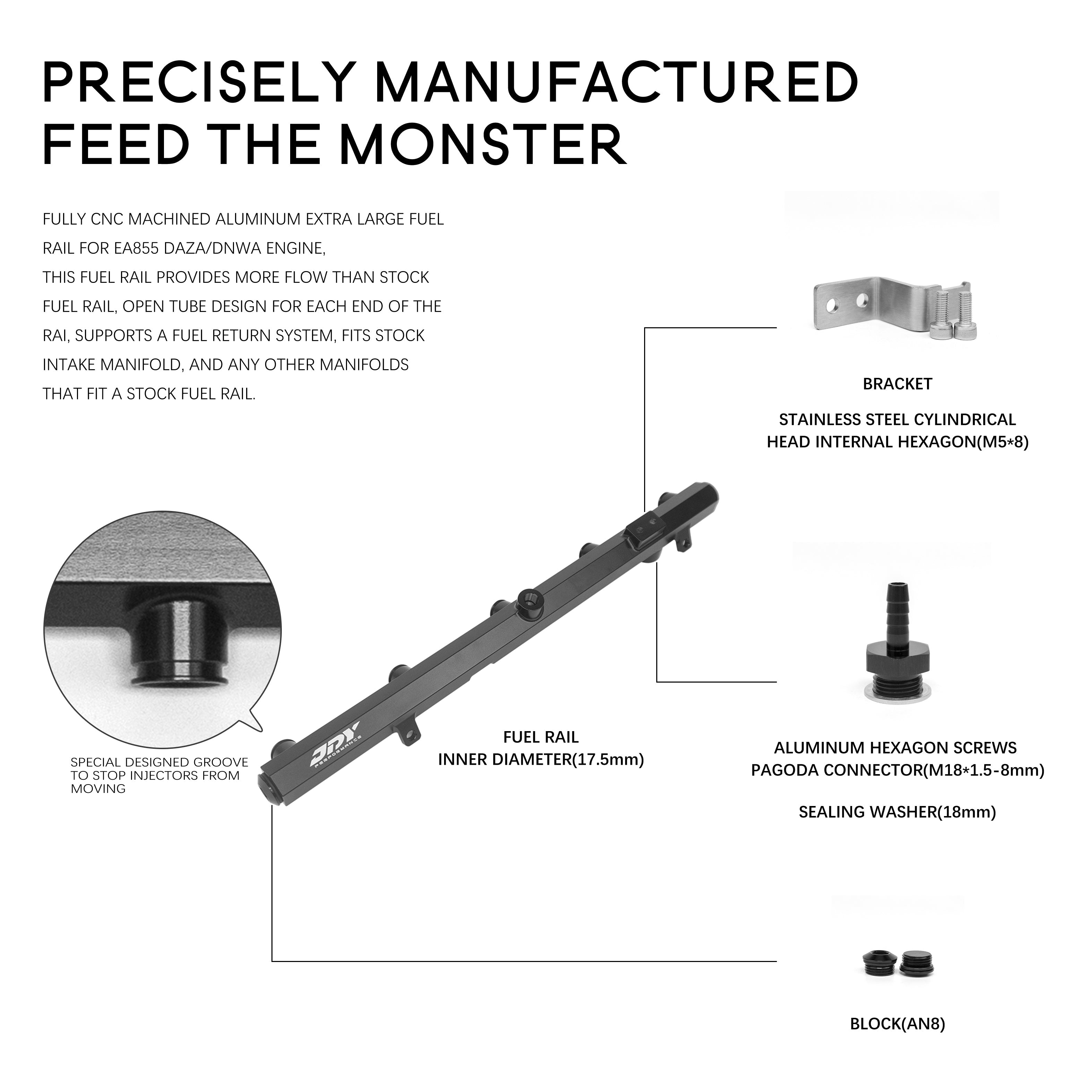 JDY Performance Billet Extra Large Fuel Rail For Audi 25TFSI - DAZ/DNW - RS3 8V/8Y, TTRS 8S, RSQ3 F3 - image 1