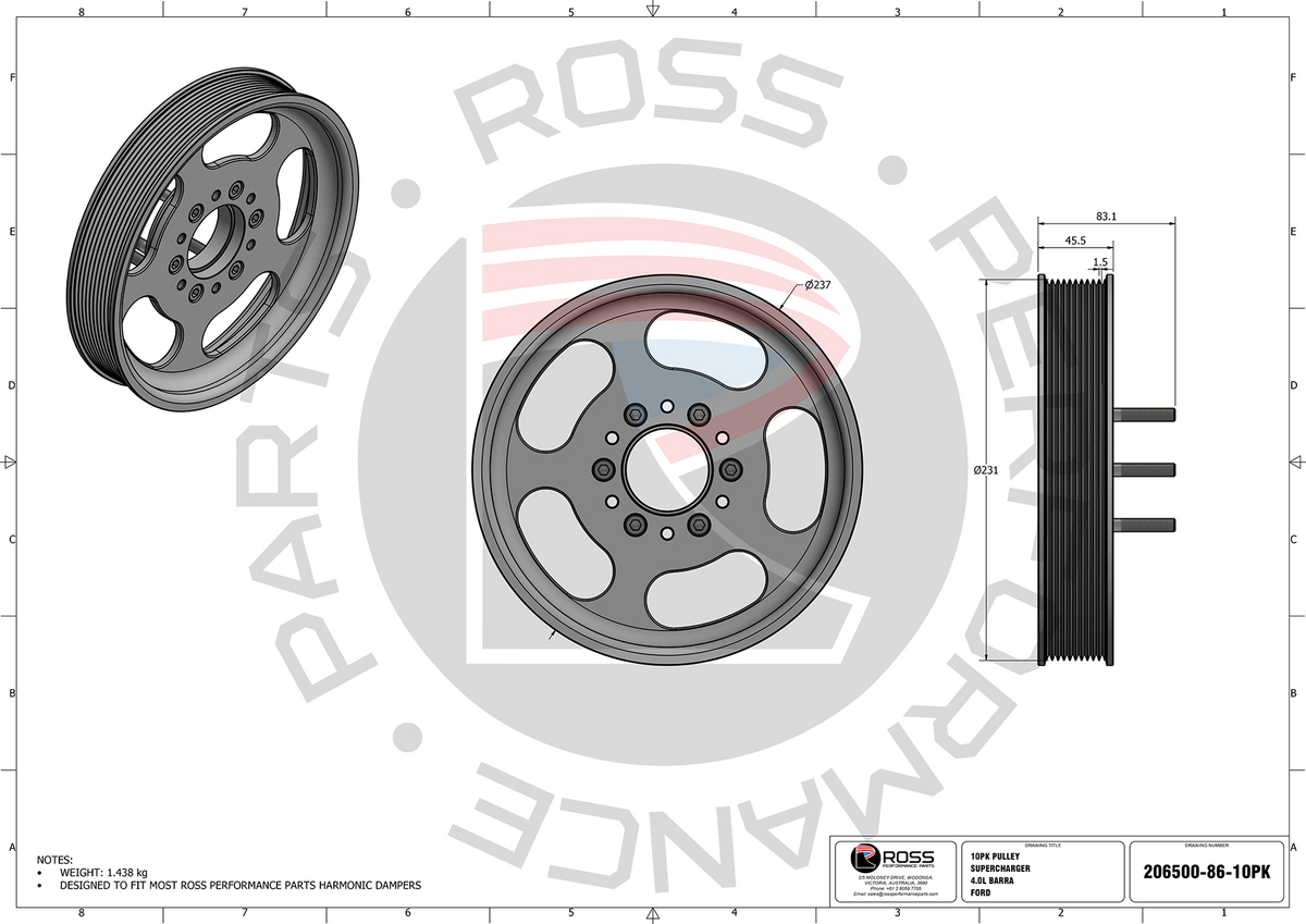Ross Performance Parts Ford Barra Supercharger Pulley - 10PK 237mm