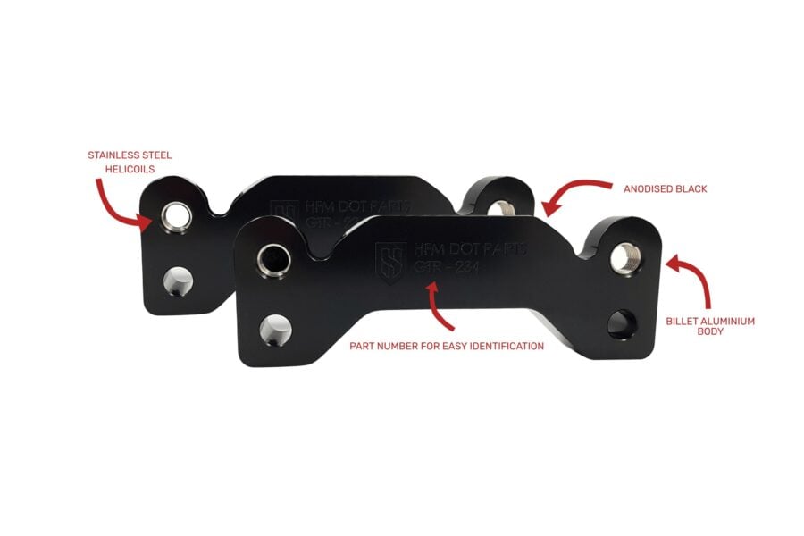 HFM.Parts 340mm GT-R rear caliper adaptor material and Heli-Coil features