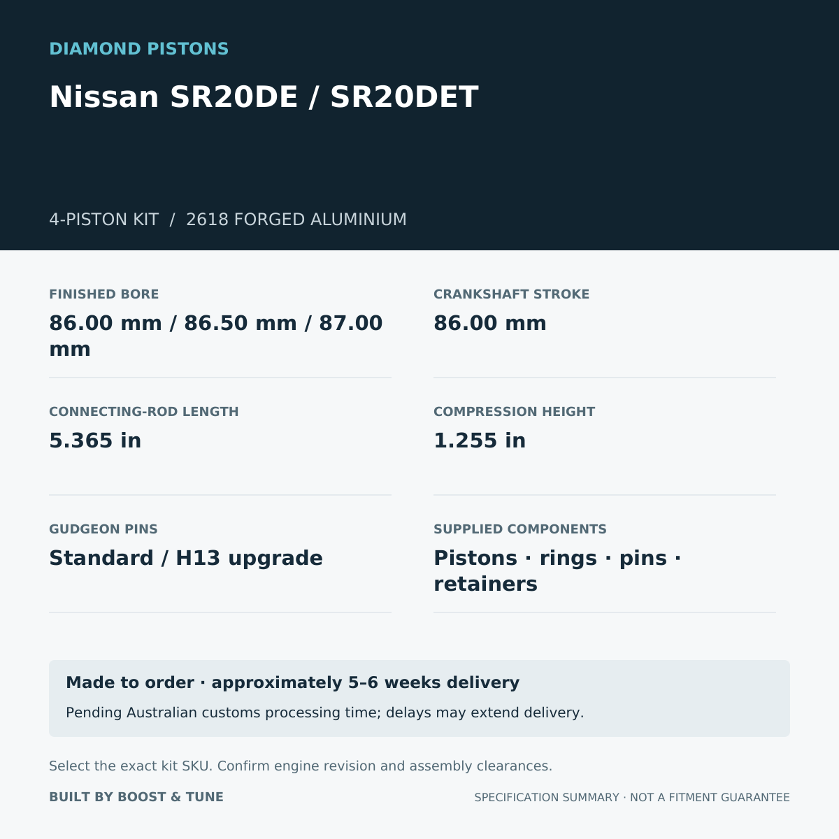 Nissan SR20DE / SR20DET Diamond 4-piston kit: stroke 86.00 mm, rod 5.365 in, compression height 1.255 in; specification summary.