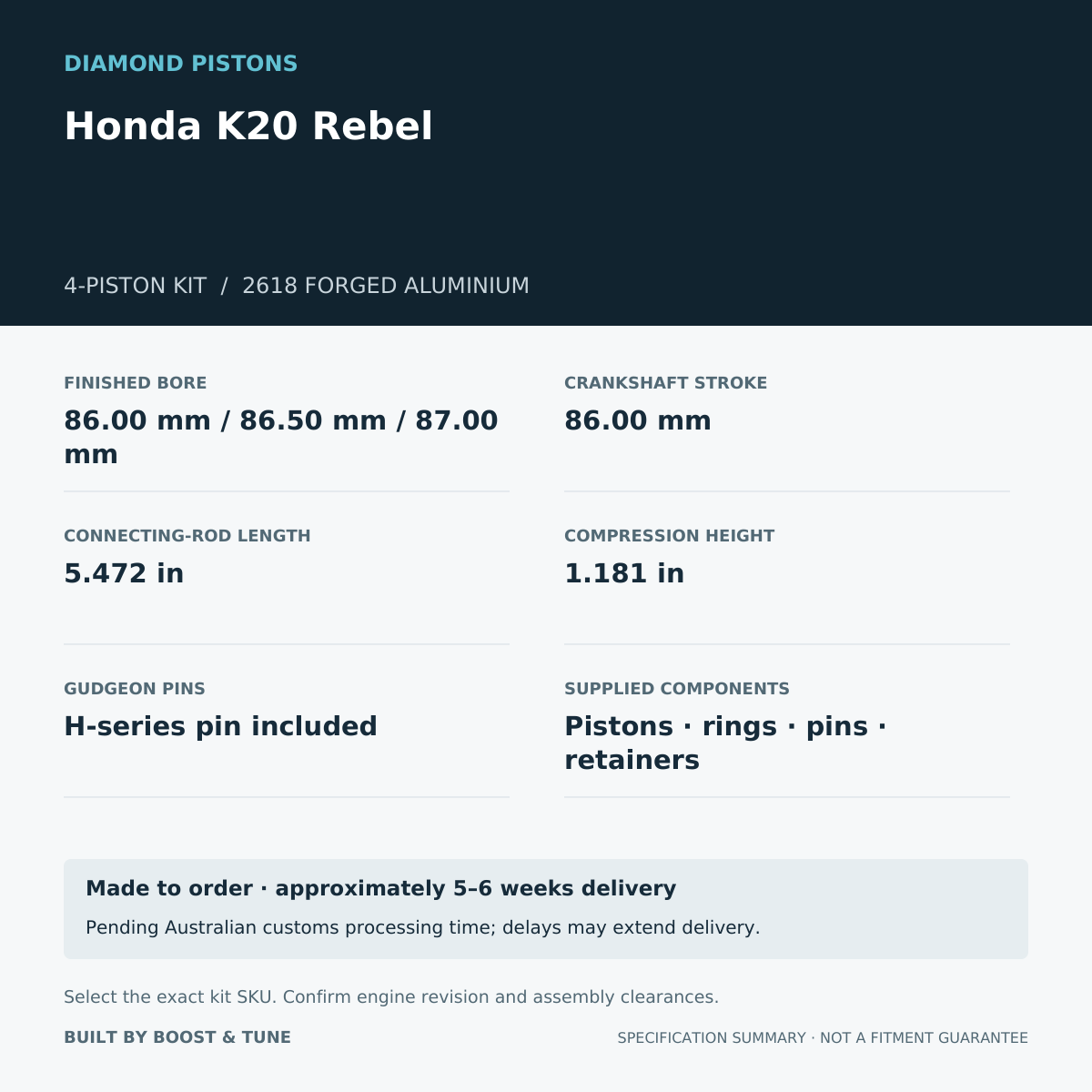 Honda K20 Rebel Diamond 4-piston kit: stroke 86.00 mm, rod 5.472 in, compression height 1.181 in; specification summary.
