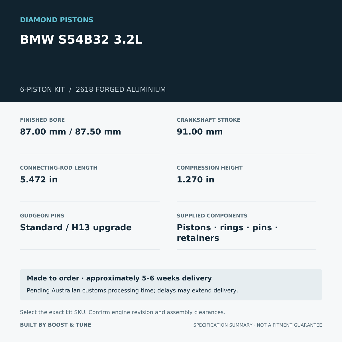 BMW S54B32 3.2L Diamond 6-piston kit: stroke 91.00 mm, rod 5.472 in, compression height 1.270 in; specification summary.