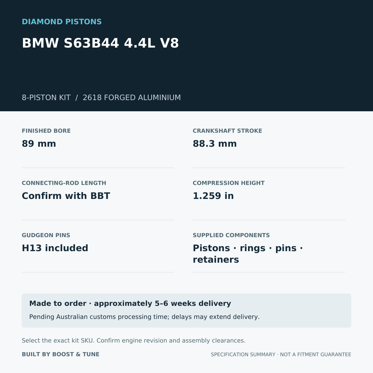 BMW S63B44 4.4L V8 Diamond 8-piston kit: stroke 88.3 mm, rod Confirm with BBT, compression height 1.259 in; specification summary.