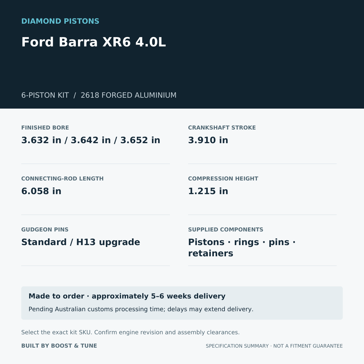 Ford Barra XR6 4.0L Diamond 6-piston kit: stroke 3.910 in, rod 6.058 in, compression height 1.215 in; specification summary.
