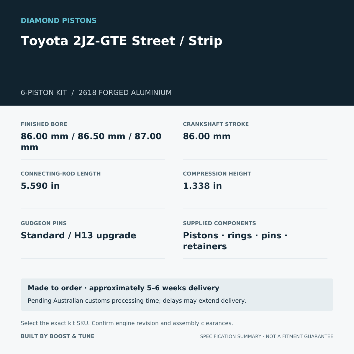 Toyota 2JZ-GTE Street / Strip Diamond 6-piston kit: stroke 86.00 mm, rod 5.590 in, compression height 1.338 in; specification summary.