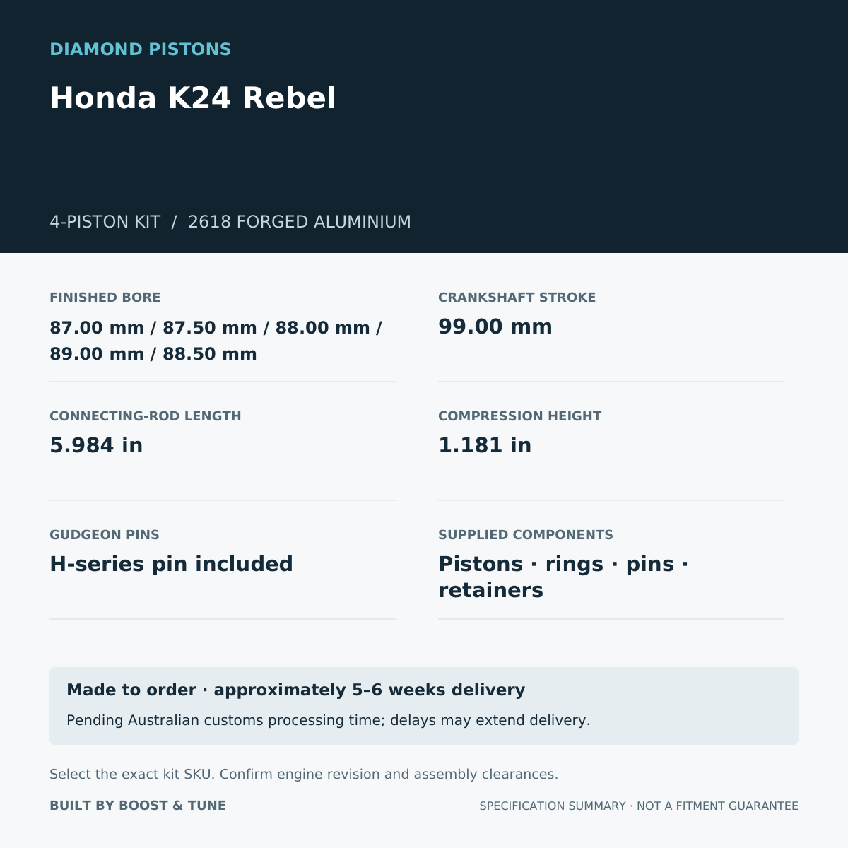 Honda K24 Rebel Diamond 4-piston kit: stroke 99.00 mm, rod 5.984 in, compression height 1.181 in; specification summary.