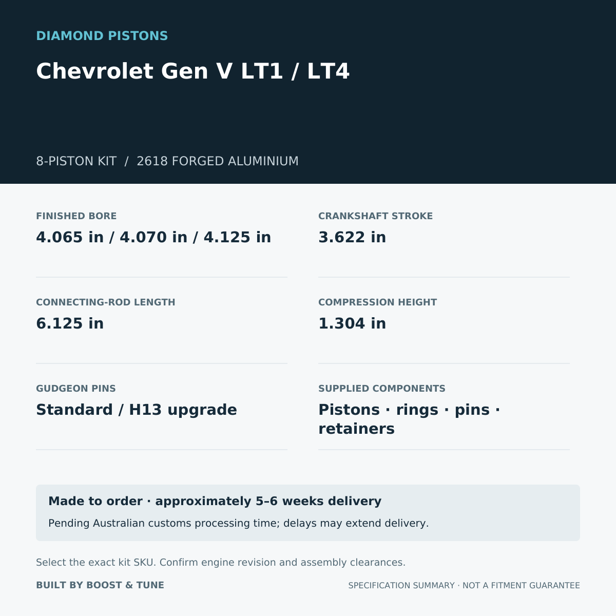 Chevrolet Gen V LT1 / LT4 Diamond 8-piston kit: stroke 3.622 in, rod 6.125 in, compression height 1.304 in; specification summary.