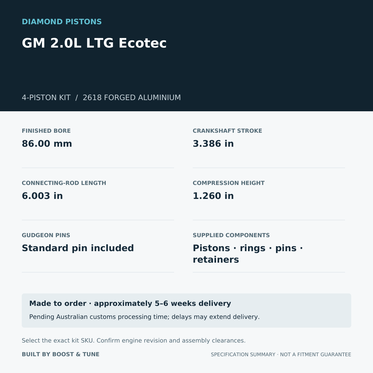 GM 2.0L LTG Ecotec Diamond 4-piston kit: stroke 3.386 in, rod 6.003 in, compression height 1.260 in; specification summary.