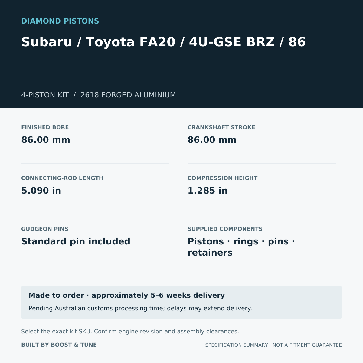 Subaru / Toyota FA20 / 4U-GSE BRZ / 86 Diamond 4-piston kit: stroke 86.00 mm, rod 5.090 in, compression height 1.285 in; specification summary.
