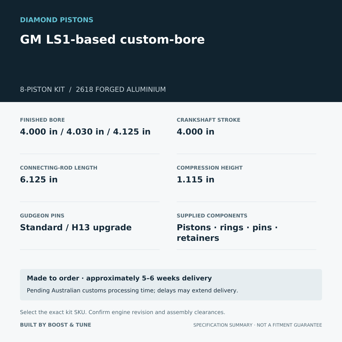 GM LS1-based custom-bore Diamond 8-piston kit: stroke 4.000 in, rod 6.125 in, compression height 1.115 in; specification summary.
