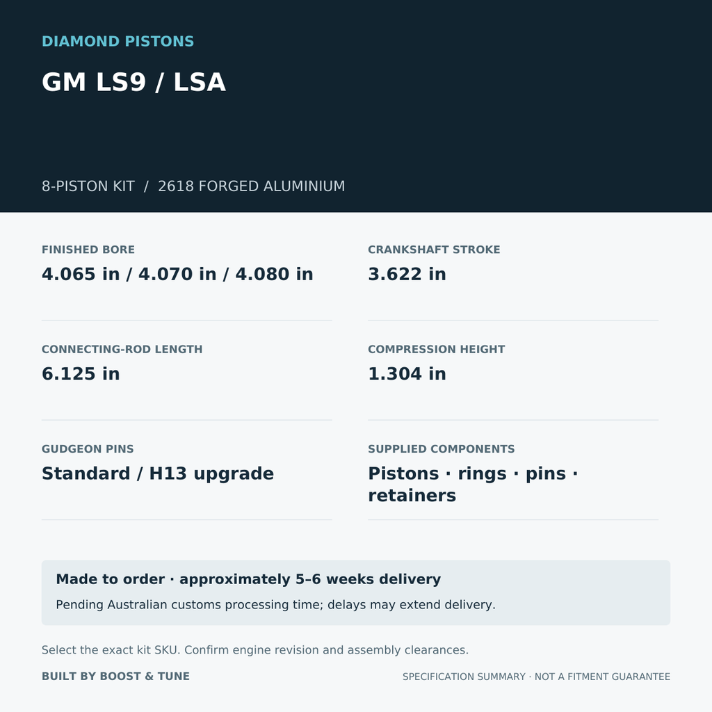 GM LS9 / LSA Diamond 8-piston kit: stroke 3.622 in, rod 6.125 in, compression height 1.304 in; specification summary.