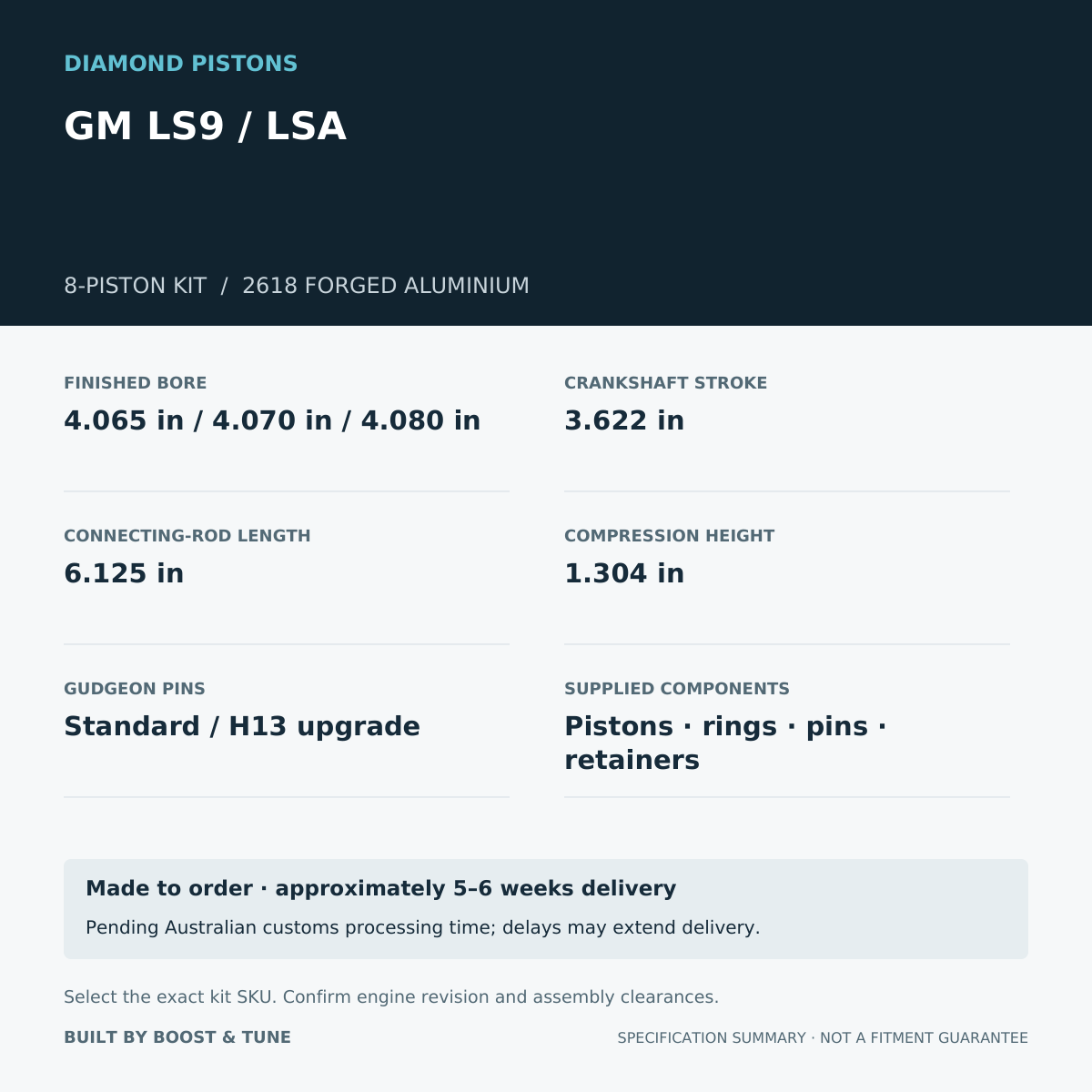 GM LS9 / LSA Diamond 8-piston kit: stroke 3.622 in, rod 6.125 in, compression height 1.304 in; specification summary.