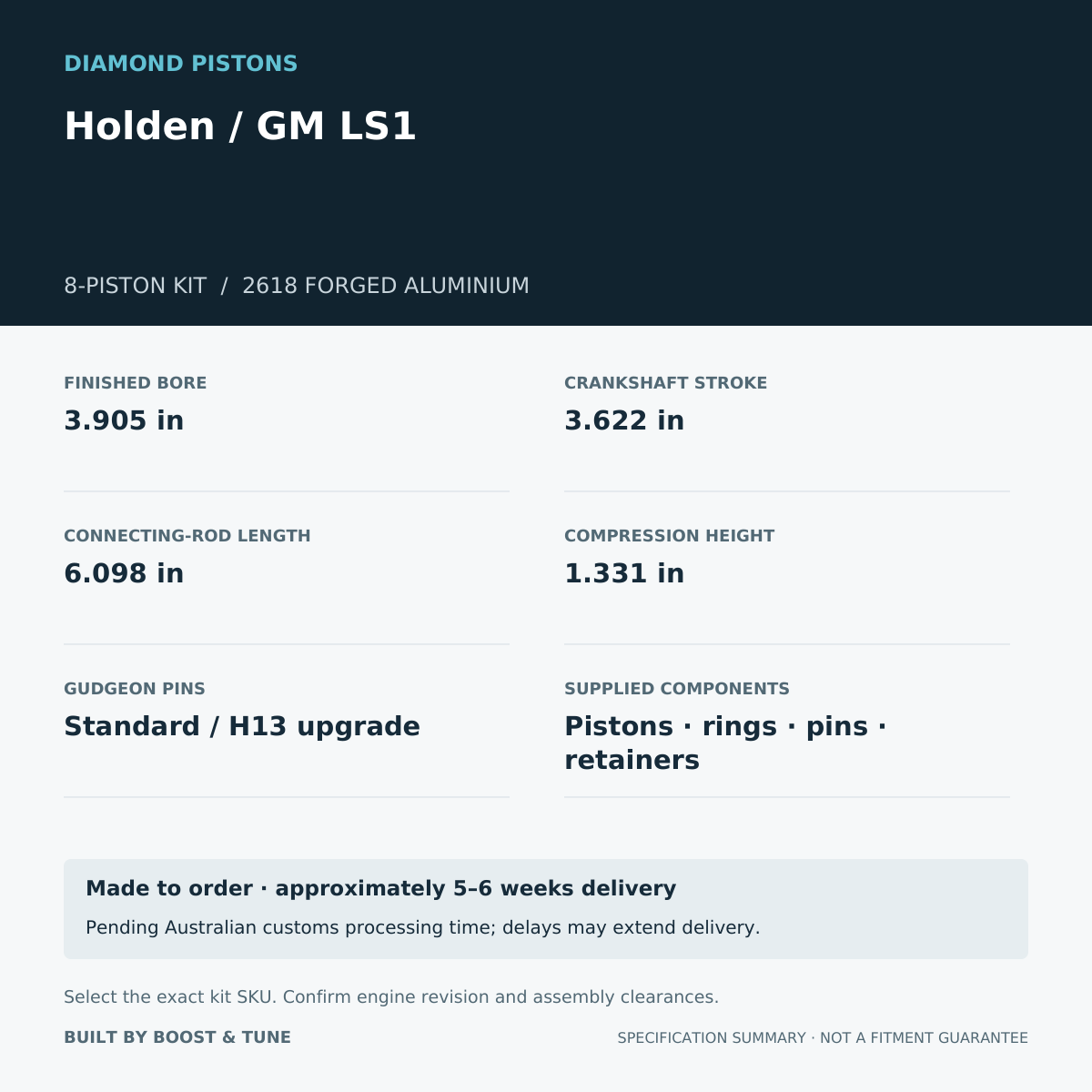 Holden / GM LS1 Diamond 8-piston kit: stroke 3.622 in, rod 6.098 in, compression height 1.331 in; specification summary.