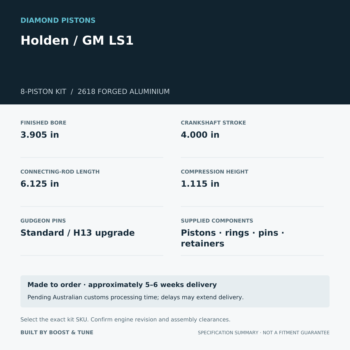 Holden / GM LS1 Diamond 8-piston kit: stroke 4.000 in, rod 6.125 in, compression height 1.115 in; specification summary.