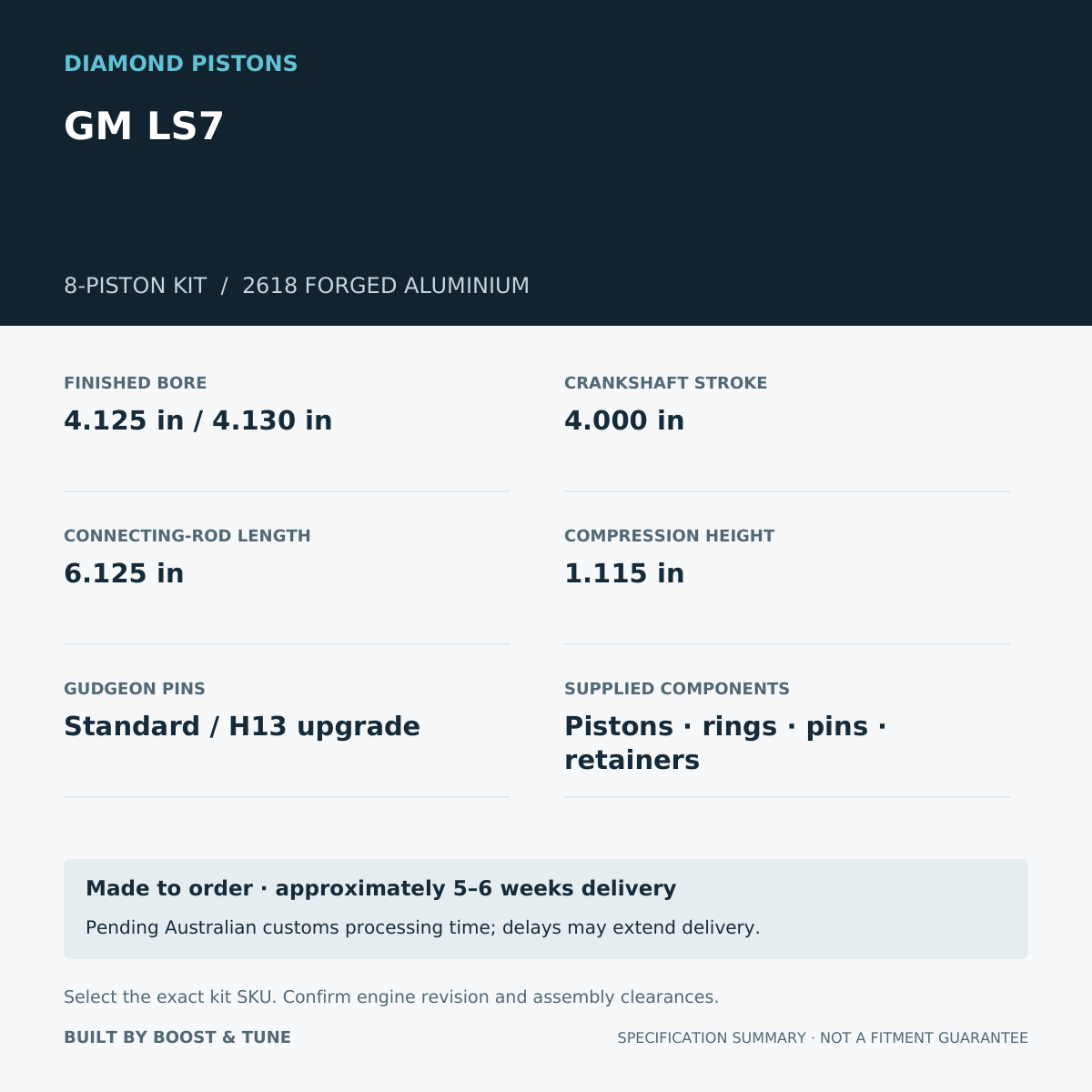 GM LS7 Diamond 8-piston kit: stroke 4.000 in, rod 6.125 in, compression height 1.115 in; specification summary.
