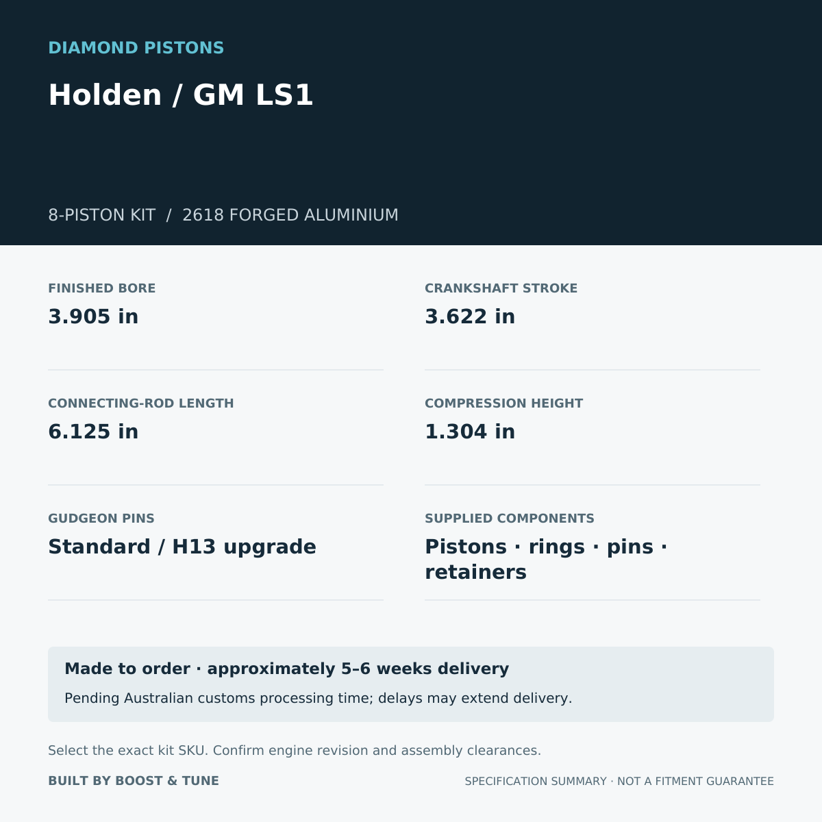 Holden / GM LS1 Diamond 8-piston kit: stroke 3.622 in, rod 6.125 in, compression height 1.304 in; specification summary.