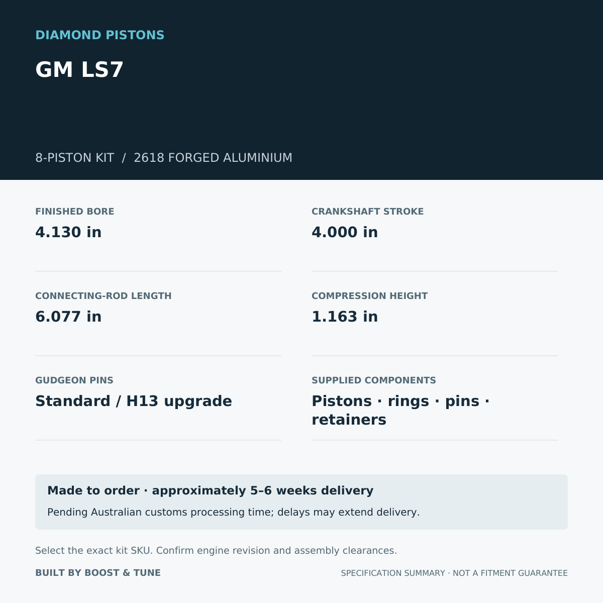 GM LS7 Diamond 8-piston kit: stroke 4.000 in, rod 6.077 in, compression height 1.163 in; specification summary.