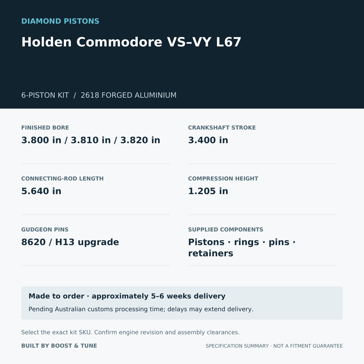 Holden Commodore VS–VY L67 Diamond 6-piston kit: stroke 3.400 in, rod 5.640 in, compression height 1.205 in; specification summary.