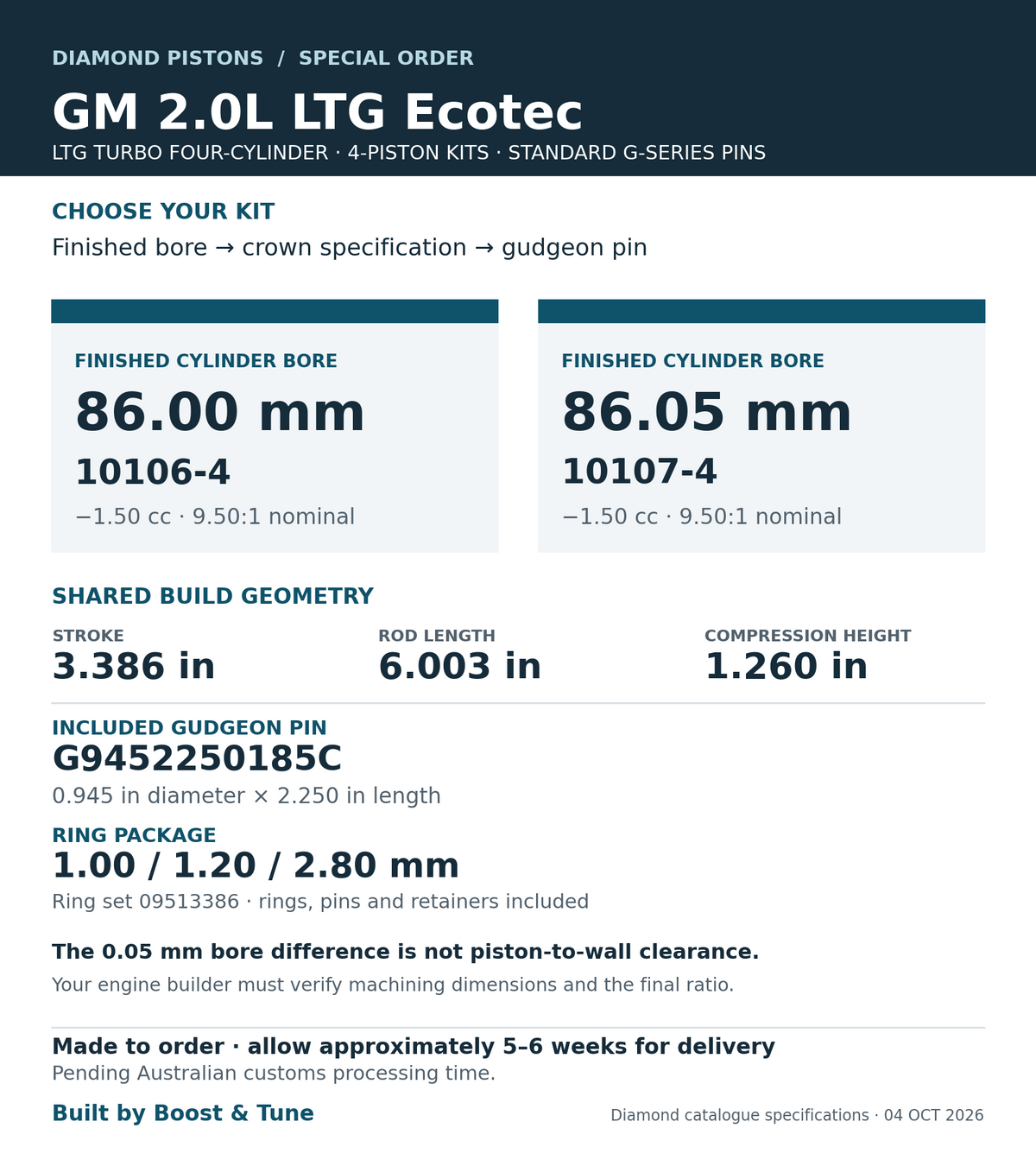 Diamond GM 2.0L LTG Ecotec piston selection guide: 10106-4 at 86.00 mm or 10107-4 at 86.05 mm finished bore; -1.50 cc / 9.50:1 nominal, G9452250185C pins and 1.00 / 1.20 / 2.80 mm rings.