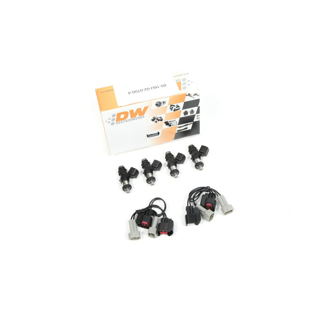 Set of four DeatschWerks 700CC 66 lb per hour injectors with adapter looms for BRZ and Toyota 86