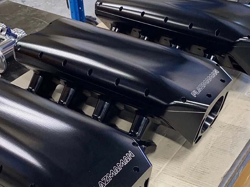 Plazmaman LS3 billet inlet manifold; finish and injector or throttle options vary by selection
