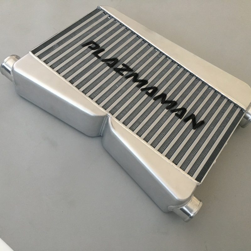 Plazmaman 2015 and newer Mustang S550 twin entry intercooler; photographed finish and end tank options vary
