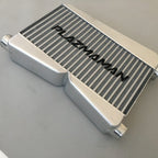 Plazmaman 2015 and newer Mustang S550 twin entry intercooler; photographed finish and end tank options vary