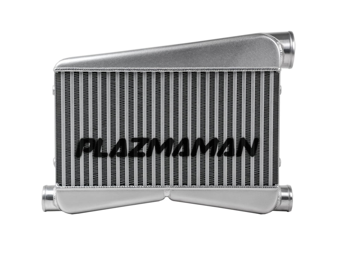 Plazmaman 2015 and newer Mustang S550 twin entry intercooler; photographed finish and end tank options vary