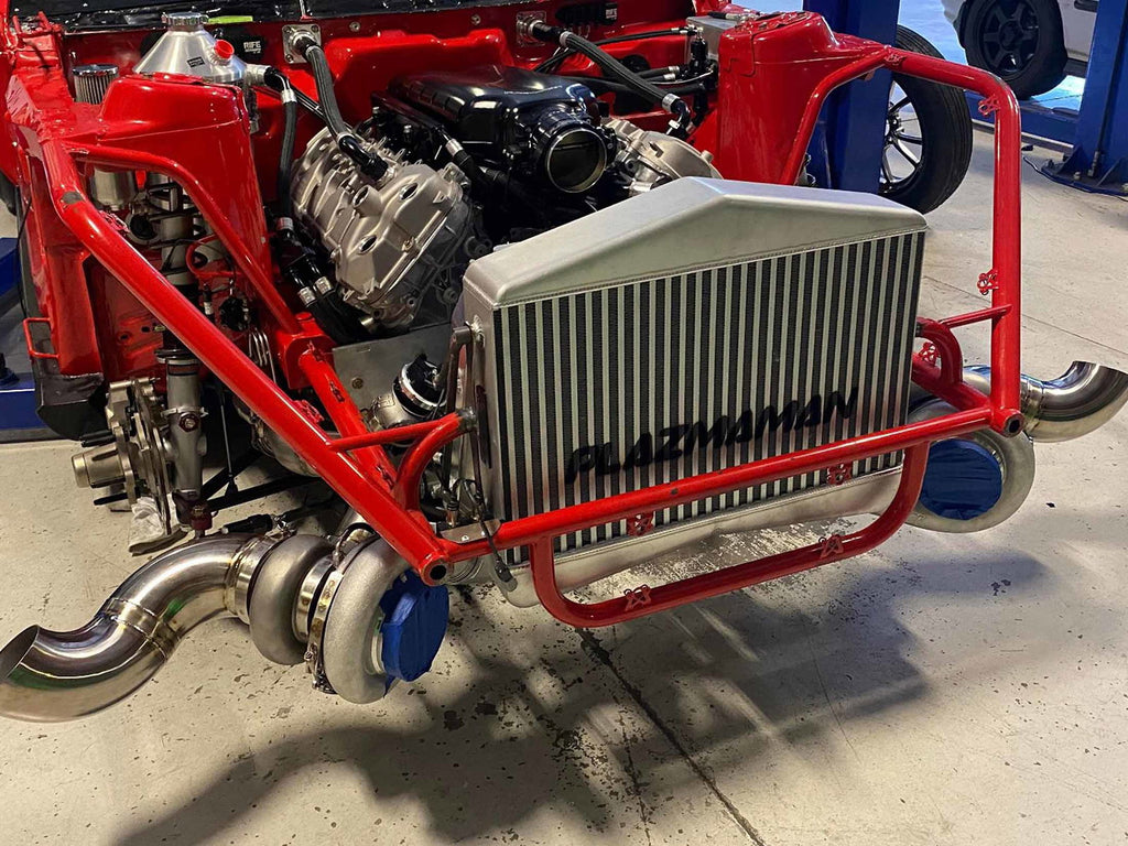 Plazmaman four to four and a half inch twin entry Pro Series intercooler; selected core and end tanks vary