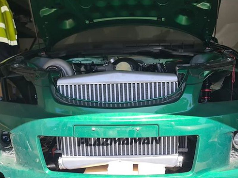Plazmaman four to four and a half inch twin entry Pro Series intercooler; selected core and end tanks vary