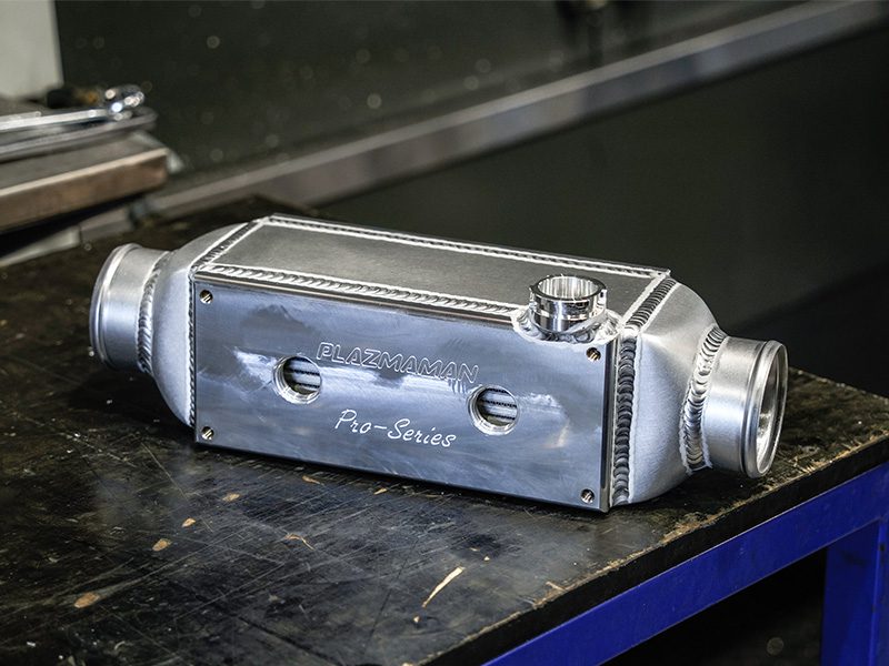 Plazmaman 500 hp compact water-to-air intercooler; shown fittings and finish vary