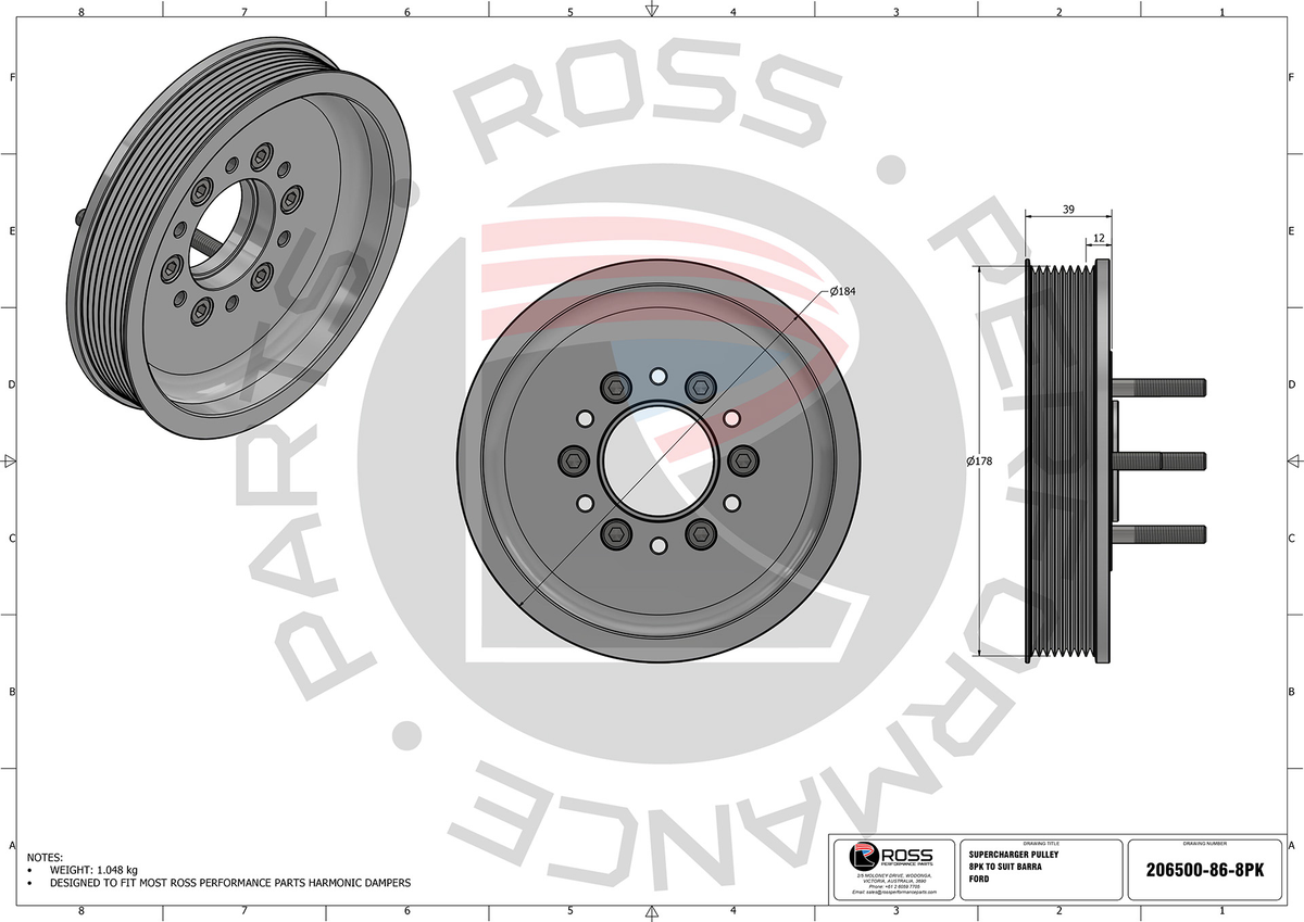 Ross Performance Parts Ford Barra Supercharger Pulley - 8PK 184mm