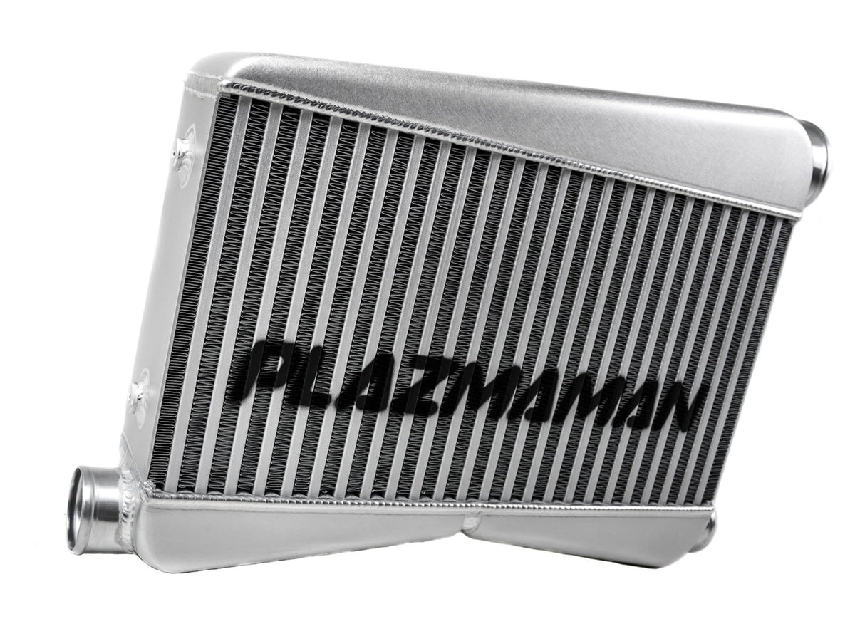 Plazmaman 2015 and newer Mustang S550 twin entry intercooler; photographed finish and end tank options vary