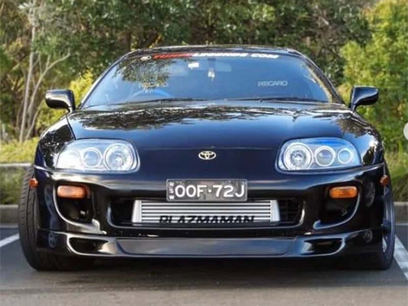 Plazmaman 600 by 300 by 100 mm Supra Race Series intercooler; photos illustrate different finishes and installations