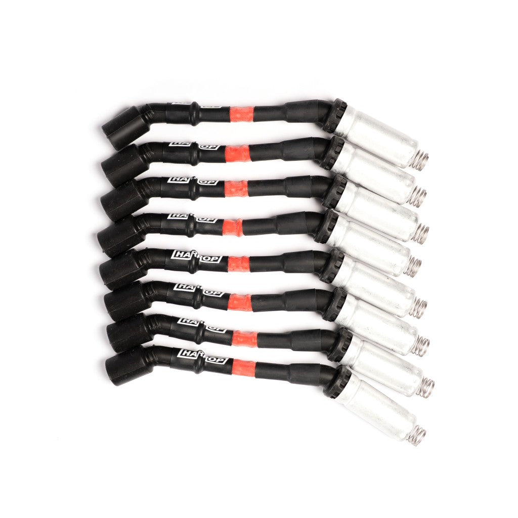 Harrop LS ignition lead set arranged to show angled plug ends and metal insulators